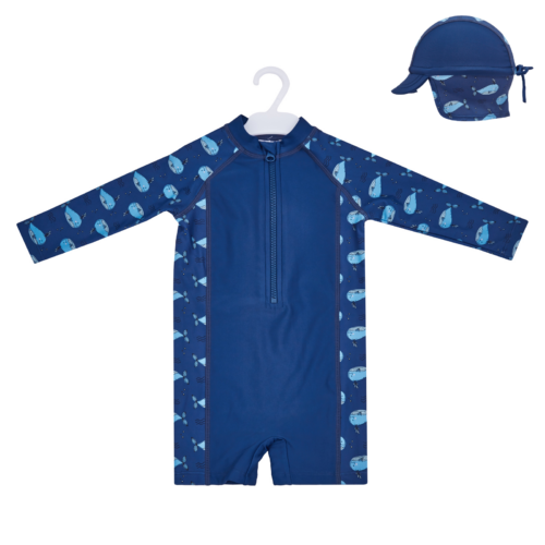 Big Softies 2pc Lined Swimsuit & Hat- Navy Whale