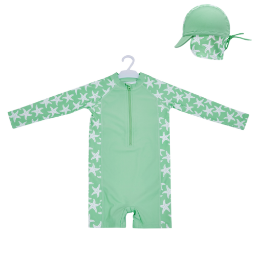 Big Softies 2pc Lined Swimsuit & Hat- Green Starfish