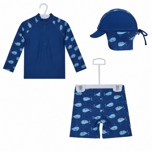 Big Softies 3 PC Long Sleeve Rashie, Lined Shorts & Hat- Navy Whale