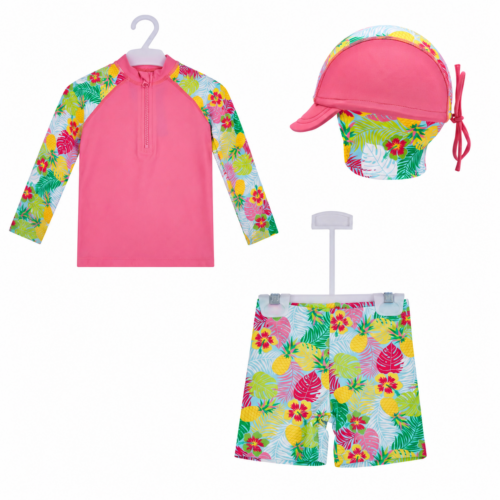 Big Softies 3 PC Long Sleeve Rashie, Lined Shorts & Hat- Pink Tropical