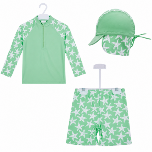 Big Softies 3 PC Long Sleeve Rashie, Lined Shorts & Hat- Green Starfish
